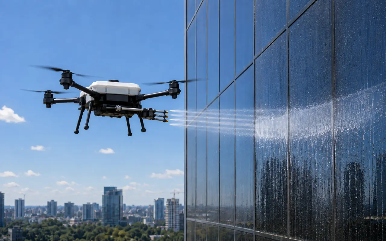Drone Altis nettoyant la façade vitrée d'un bâtiment industriel