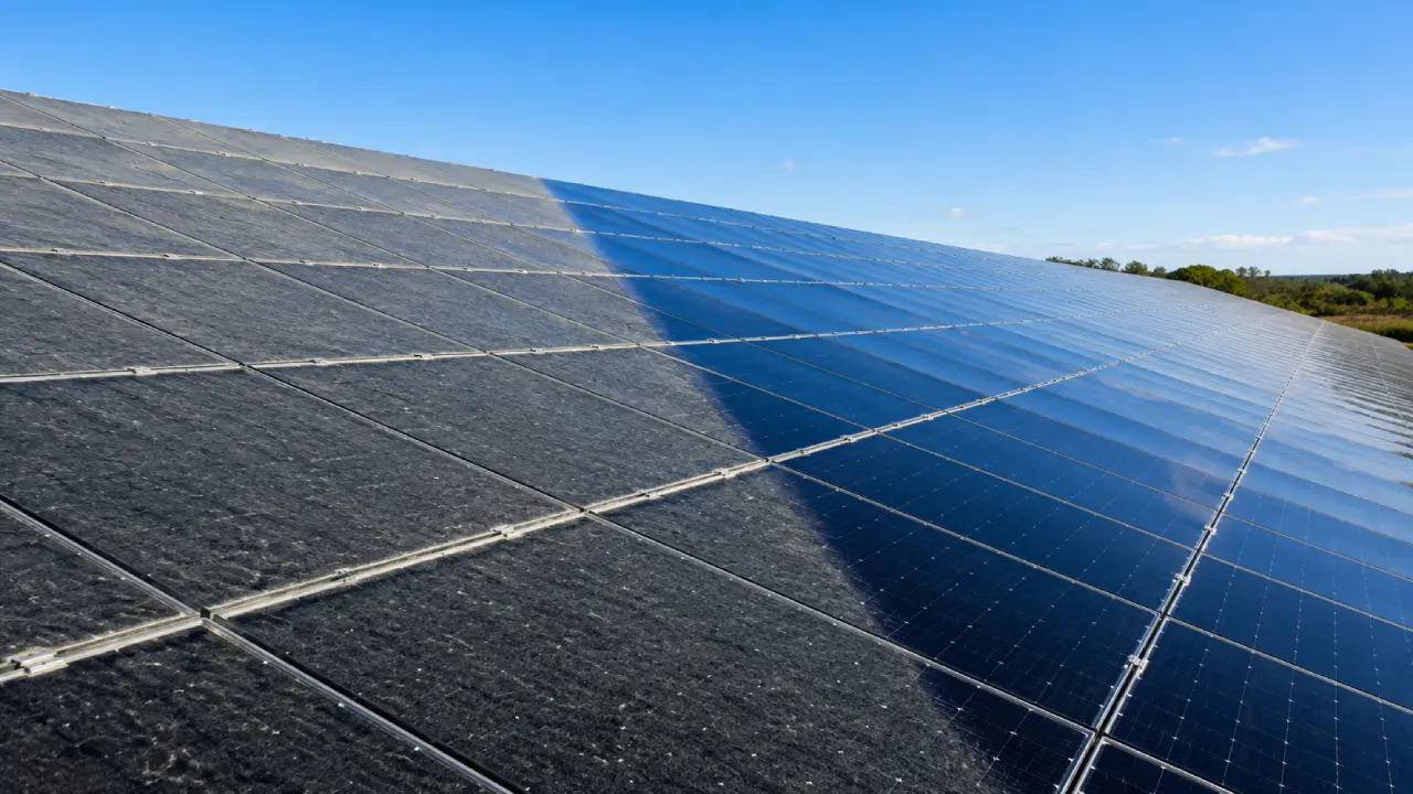Panneaux solaires nettoyés par drone : rangées propres et encrassées côte à côte