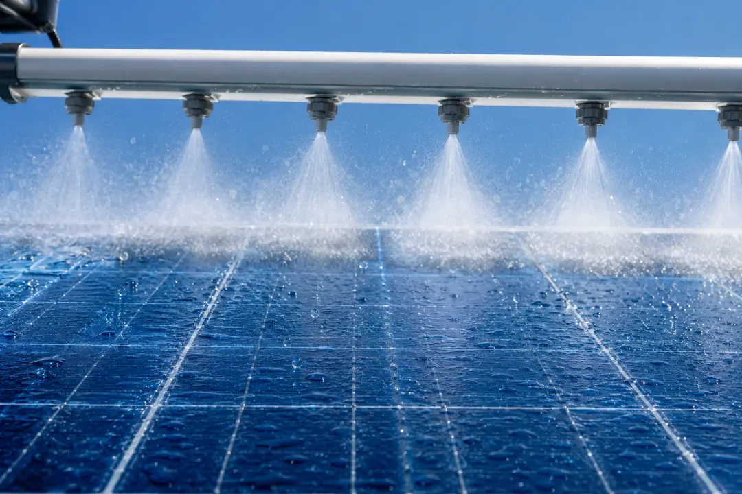 Gros plan : drone rinçant des panneaux solaires à l'eau déminéralisée