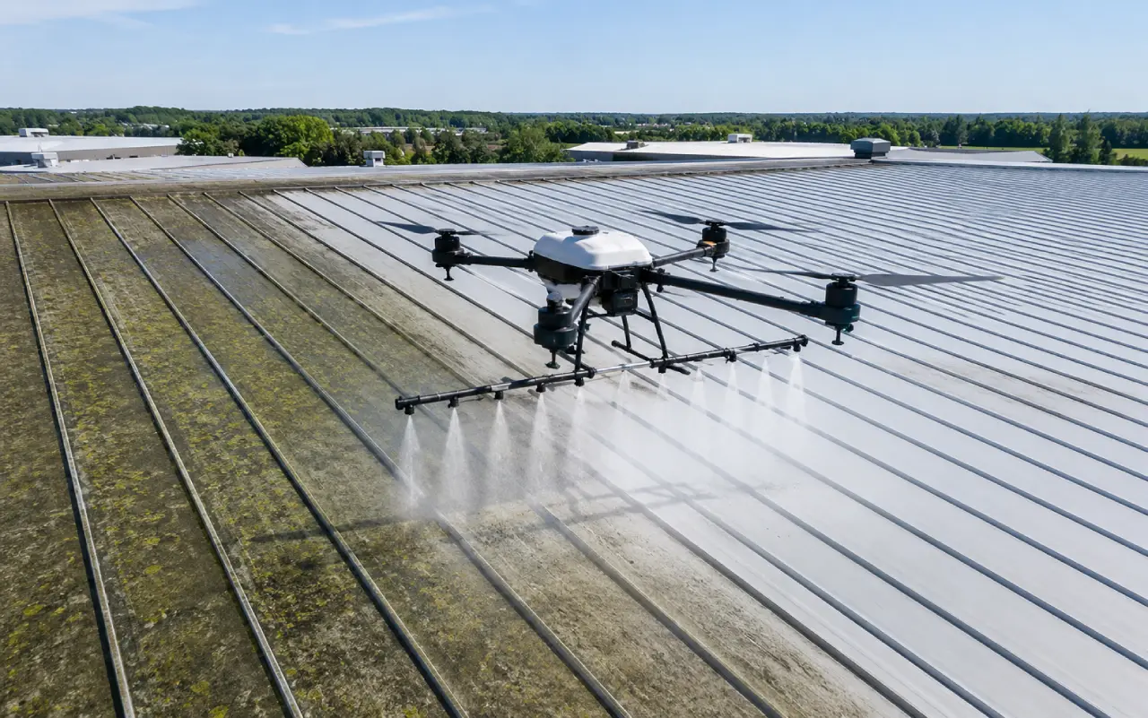 Nettoyage et démoussage de toitures par drone